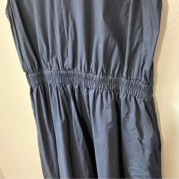 1901 Sailor Button Shoulder Stretch Cotton Poplin Navy Blue Midi Dress Retro - Picture 7 of 8